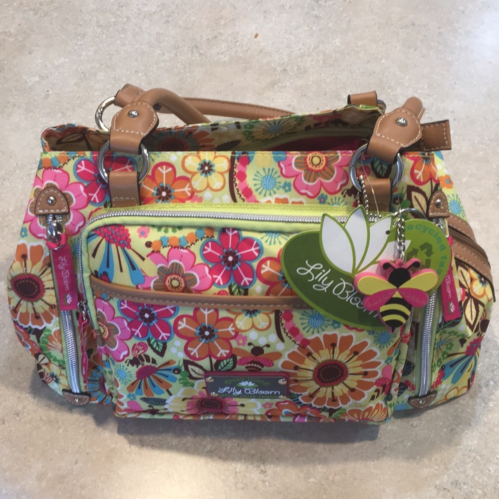 Lily Bloom Floral Multicolor Satchel with Tan Trim